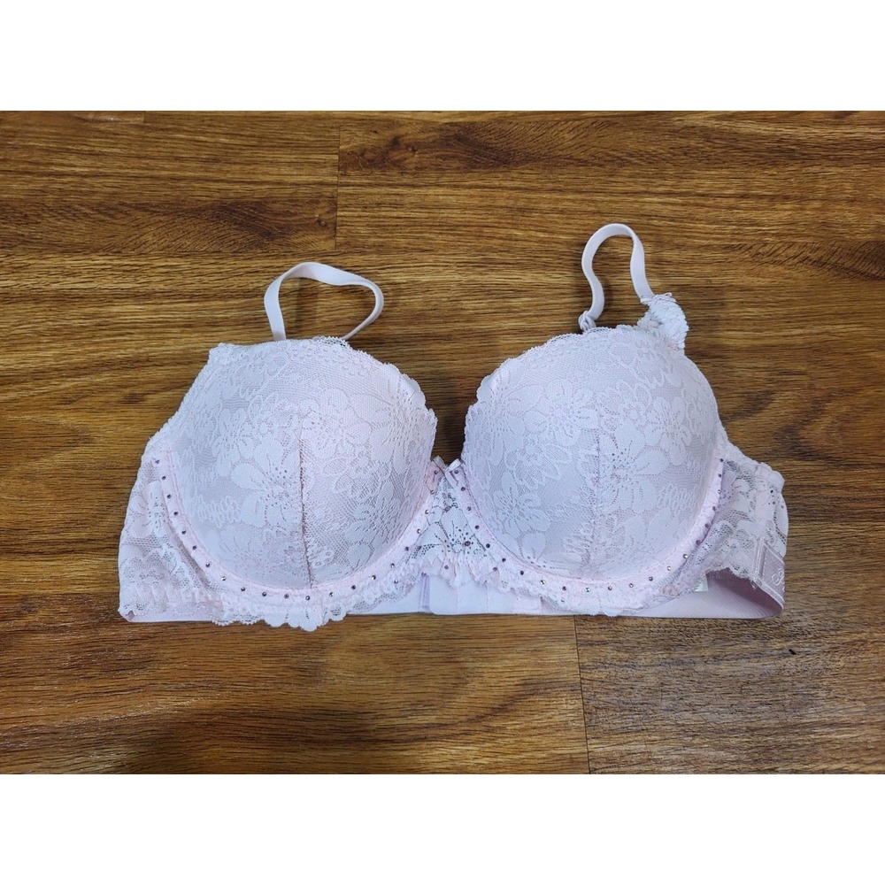 Victoria's Secret PINK 34C‎ Lt Pink Lace Push Up Balconette Bra NWOT Rhinestones